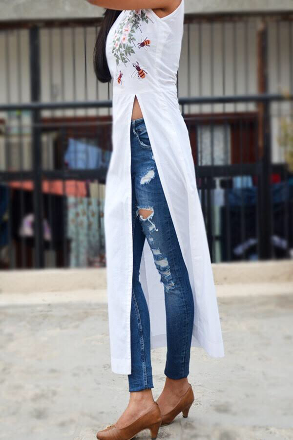 White Linen Embroidered A-Line Kurti