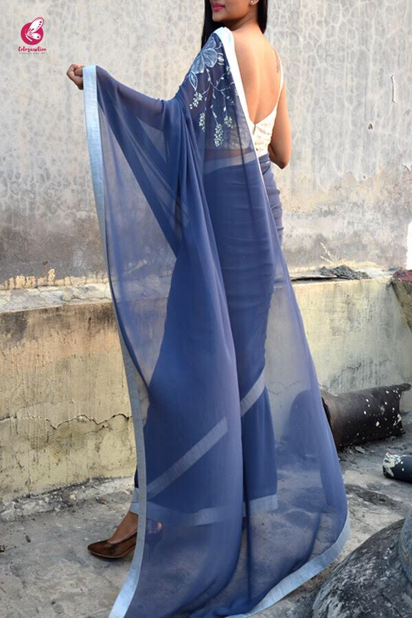 Blue-Grey Georgette Handpainted Saree