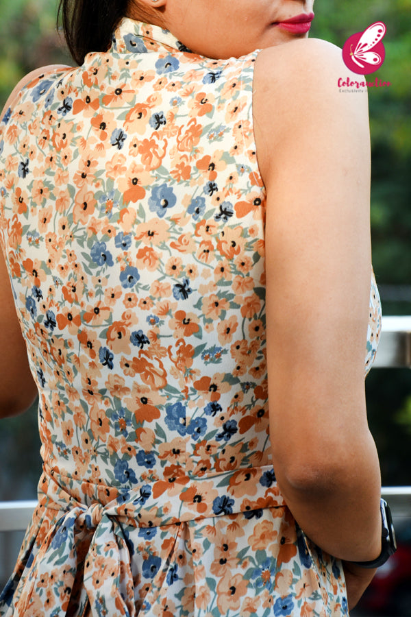 White & Orange Printed A-Line Summer Cool Sleeveless Kurti