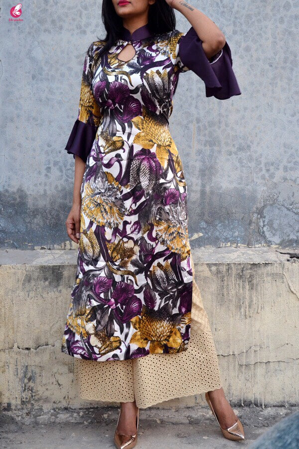 Purple Satin Printed Quarter Sleeves Kurti