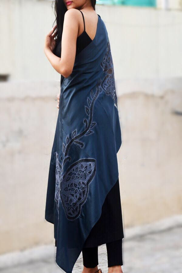 Grey Silk Embroidered Butterfly Stole