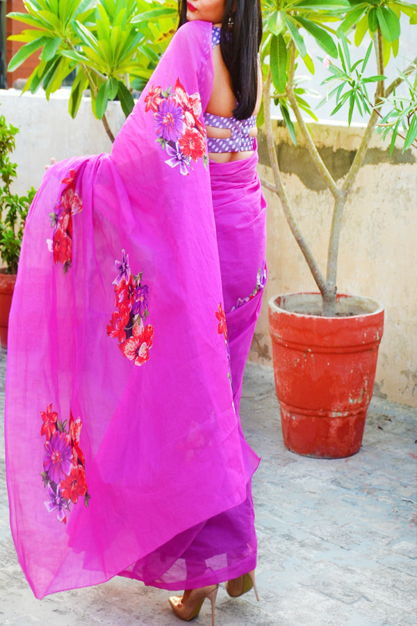 Fushia Pink Organdy Applique Floral Saree