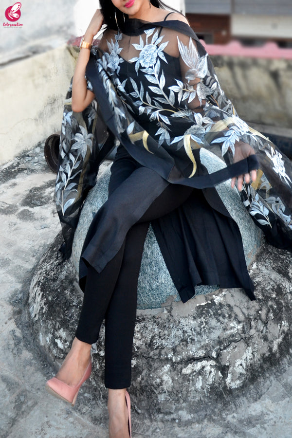 Black Organza Floral Handpainted Stole