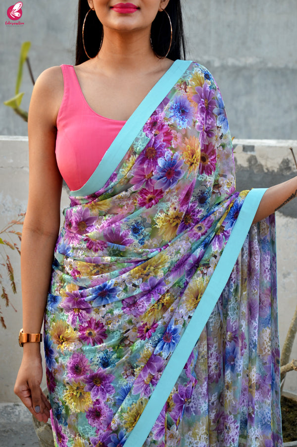Multicolour Floral Chandelier Net Dupion Silk Taping Saree
