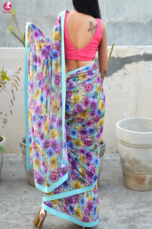 Multicolour Floral Chandelier Net Dupion Silk Taping Saree