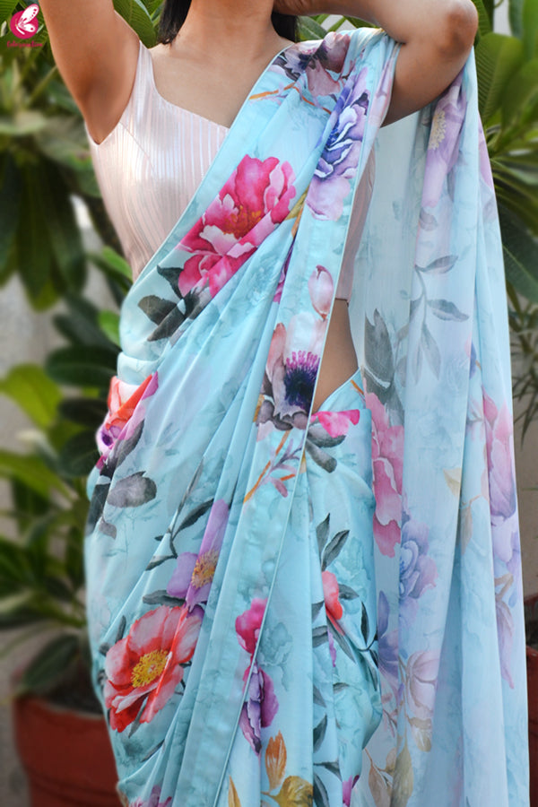 Multicolored Digital Print Satin Georgette Saree