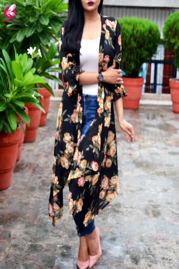 Black Printed Georgette Long Shrug
