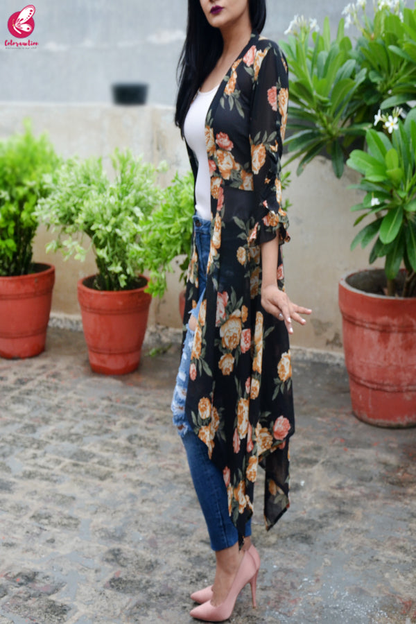 Black Printed Georgette Long Shrug