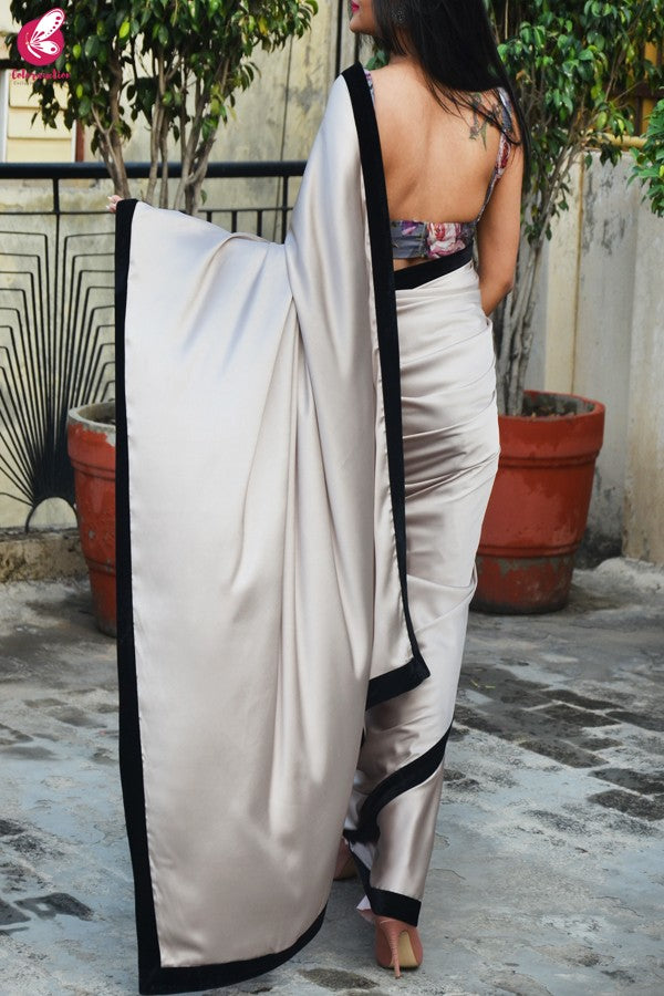 Grey Multicoloured Floral Satin Georgette Padded Backless Blouse