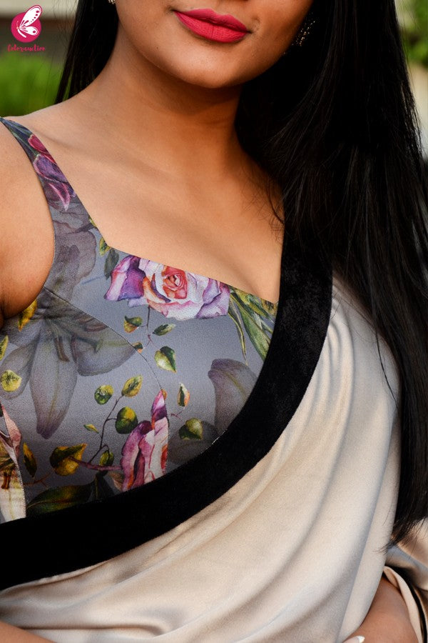 Grey Multicoloured Floral Satin Georgette Padded Backless Blouse
