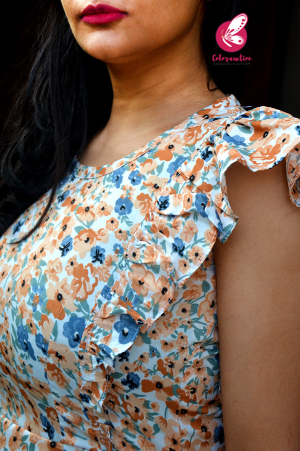 White & Orange Floral Print Sleeveless Summer Cool Straight Fit Kurti