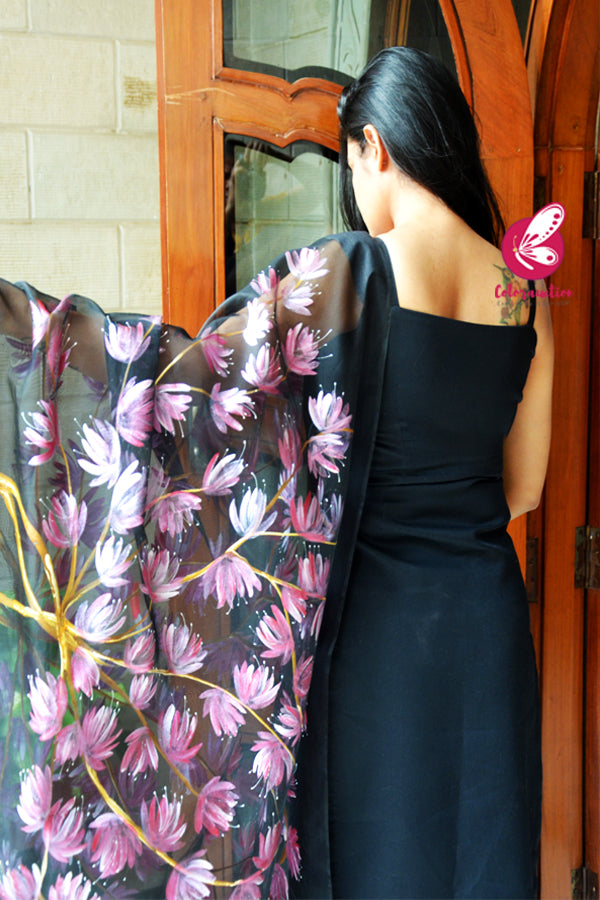 Black Pure Organza Handpainted Floral Pink Stole