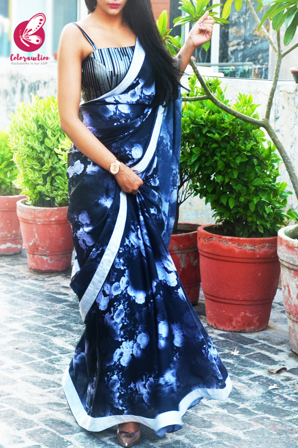Black Printed Floral Satin Black Dupion Taping Saree