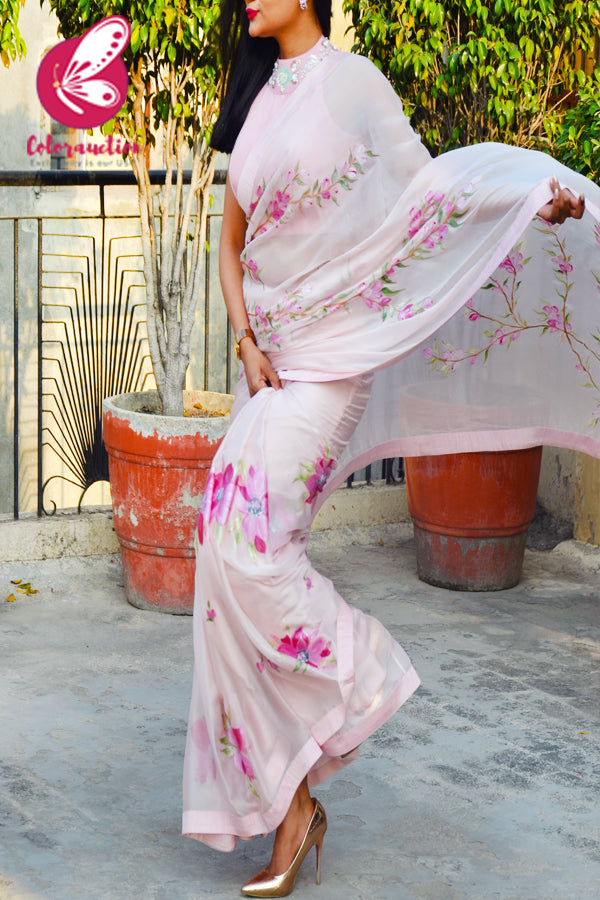 Baby Pink Hand-painted Pure Silk Chiffon Saree