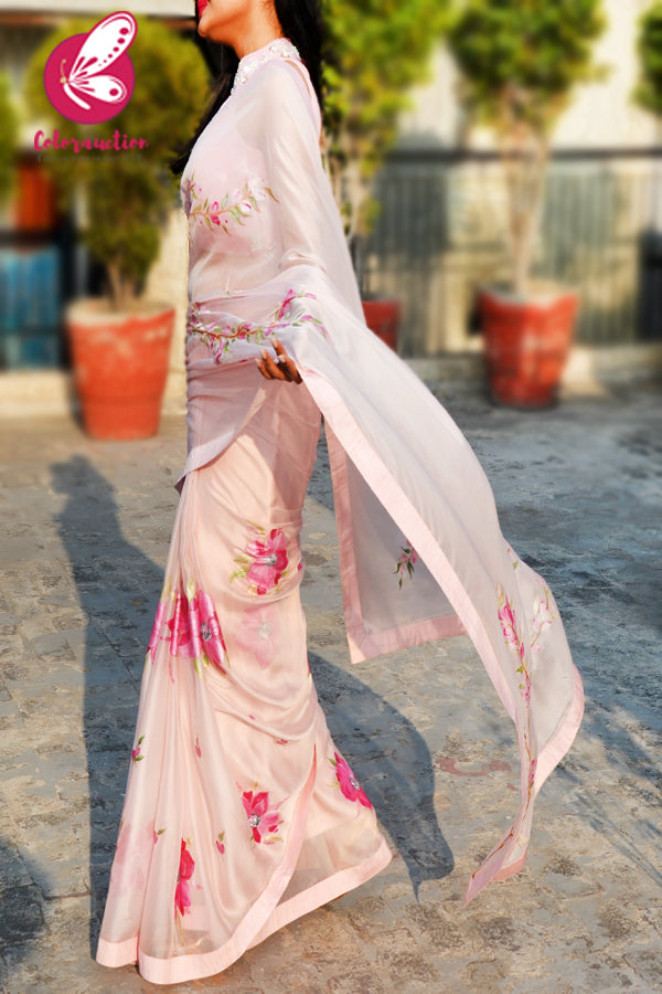 Baby Pink Hand-painted Pure Silk Chiffon Saree