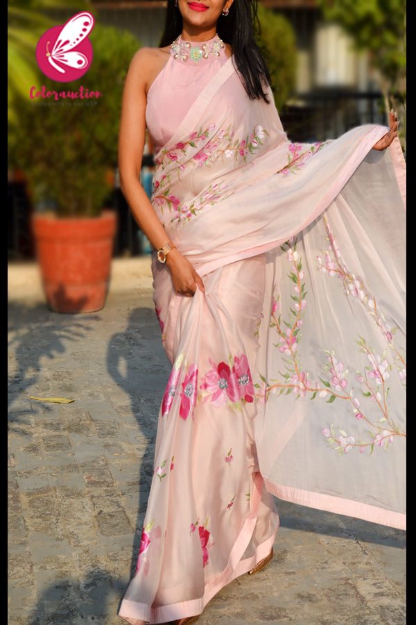 Baby Pink Hand-painted Pure Silk Chiffon Saree