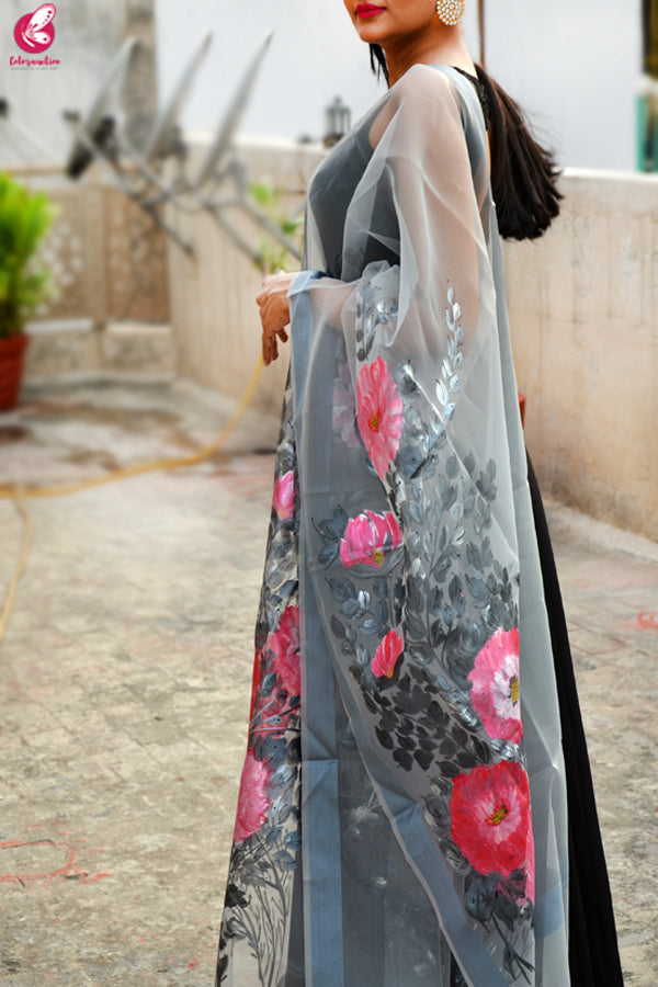 Grey Organza Hand painted Floral Stole