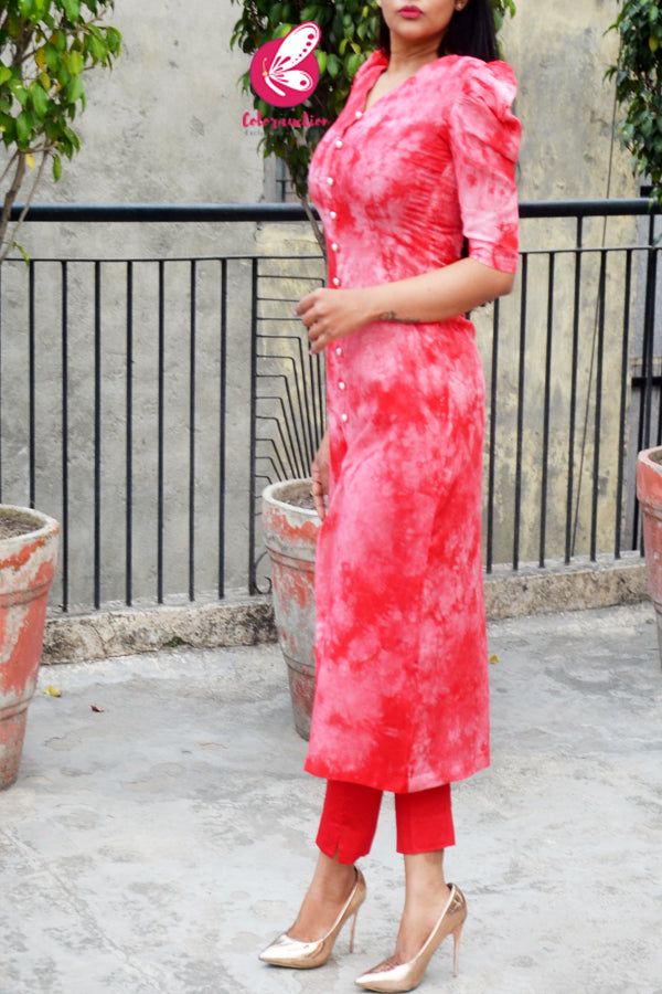 Red & White Tie & Dye Rayon Kurti with Red Cotton Silk Pants