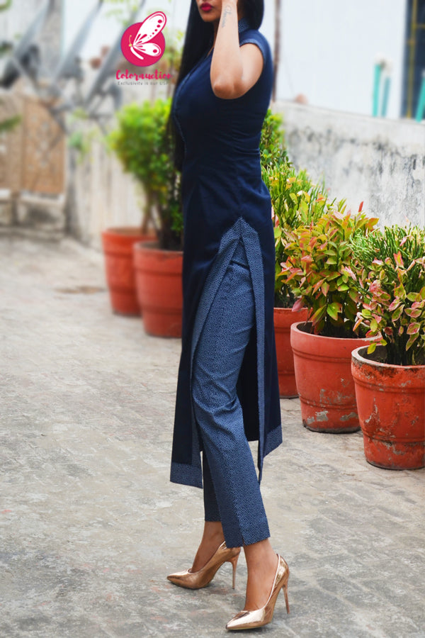 Navy Blue Short Sleeves Cotton Silk Kurti with Printed Navy Blue Cotton Silk Pants Kurti Set