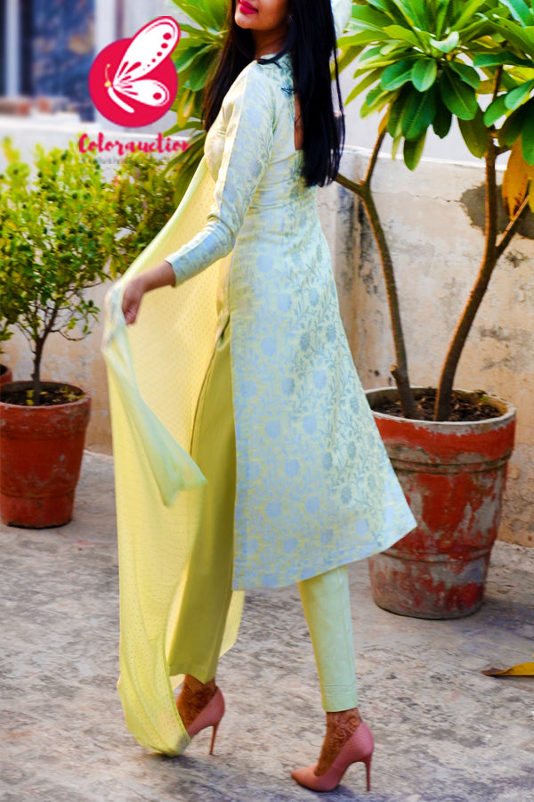 Mint Green & Silver Georgette Brocade Silk Padded Kurti with Mint Cotton Silk Pants and Mint Green Silver Mukaish Georgette Dupatta
