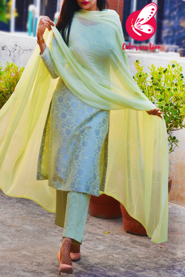 Mint Green &amp; Silver Georgette Brocade Silk Padded Kurti with Mint Cotton Silk Pants and Mint Green Silver Mukaish Georgette Dupatta