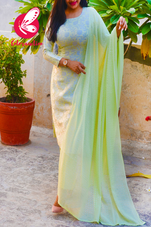 Mint Green &amp; Silver Georgette Brocade Silk Padded Kurti with Mint Cotton Silk Pants and Mint Green Silver Mukaish Georgette Dupatta