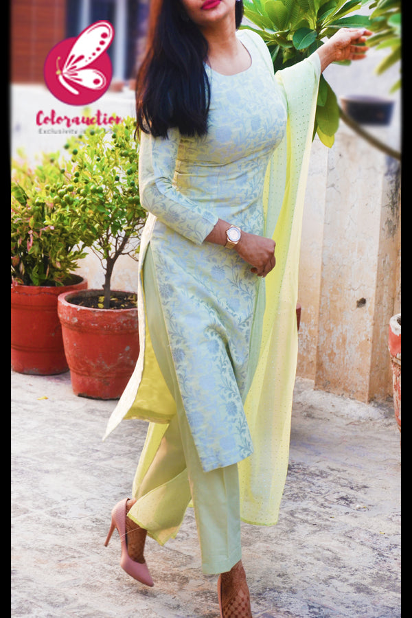 Mint Green &amp; Silver Georgette Brocade Silk Padded Kurti with Mint Cotton Silk Pants and Mint Green Silver Mukaish Georgette Dupatta