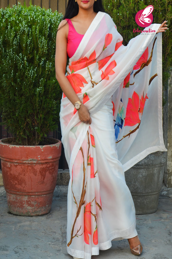 White Crepe Chiffon Handpainted Floral Saree