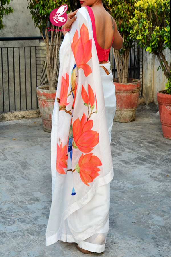 White Crepe Chiffon Handpainted Floral Saree