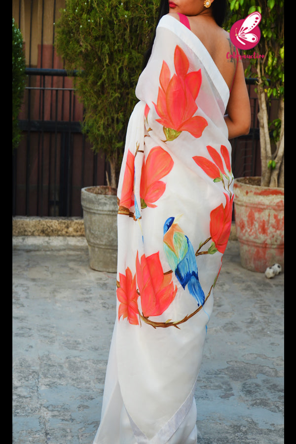 White Crepe Chiffon Handpainted Floral Saree