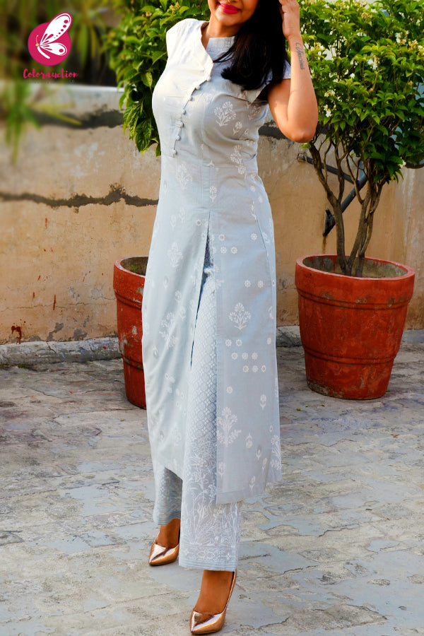 Grey Printed Glitter Cotton Kurti With Grey Printed Cotton Palazzo Kurti Set