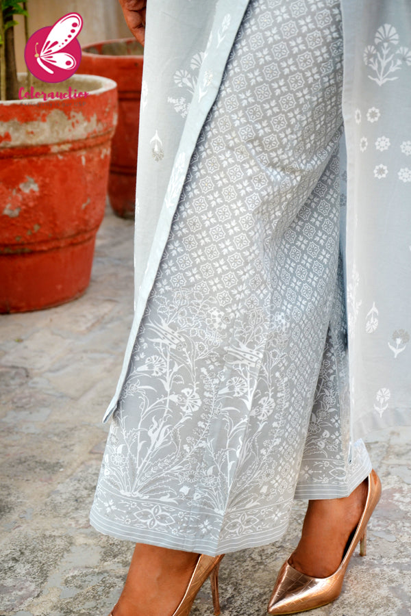 Grey Printed Glitter Cotton Kurti With Grey Printed Cotton Palazzo Kurti Set