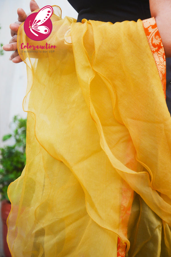 Yellow Pure Organza Orange Brocade Taping Three-Tier Ruffle Stole
