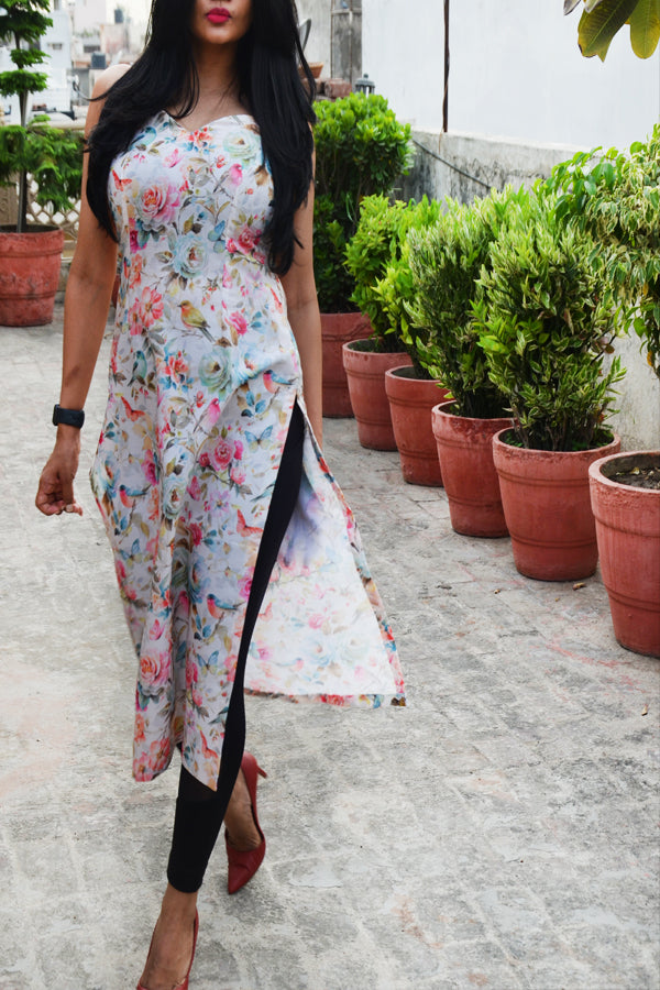 Light Beige Cotton Linen Slub Sleeveless Back Keyhole Kurti