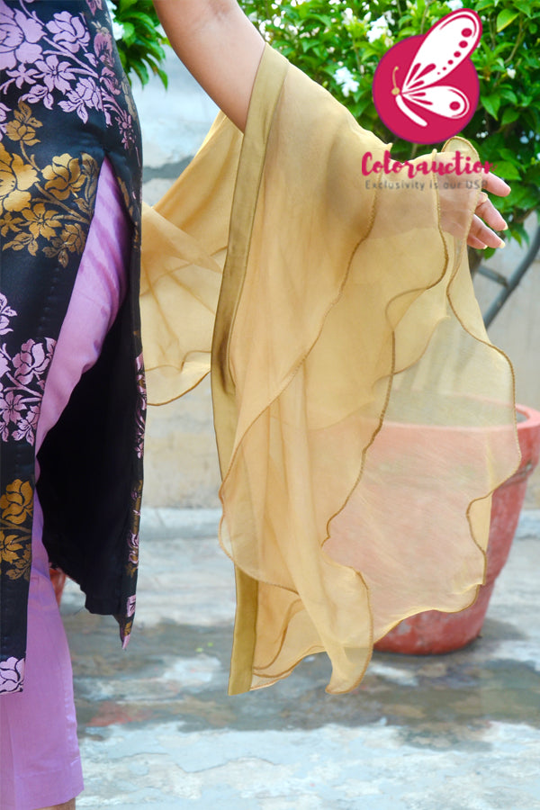 Mauve &amp; Golden Brocade Silk Padded Strappy Kurti with Mauve Cotton Silk Pants and Golden Triple Layer Ruffle Stole