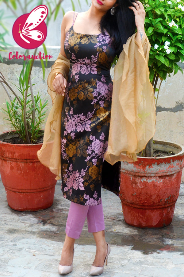 Mauve &amp; Golden Brocade Silk Padded Strappy Kurti with Mauve Cotton Silk Pants and Golden Triple Layer Ruffle Stole