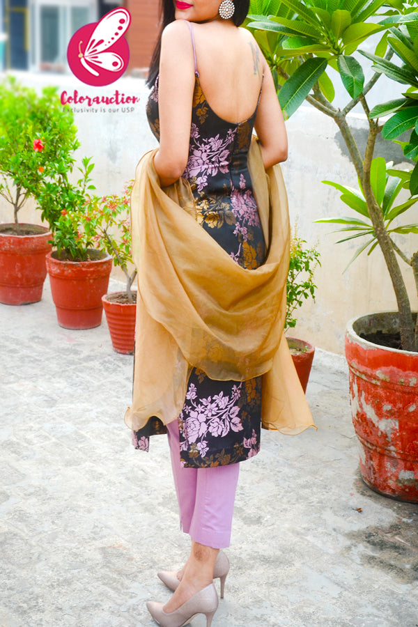 Mauve &amp; Golden Brocade Silk Padded Strappy Kurti with Mauve Cotton Silk Pants and Golden Triple Layer Ruffle Stole
