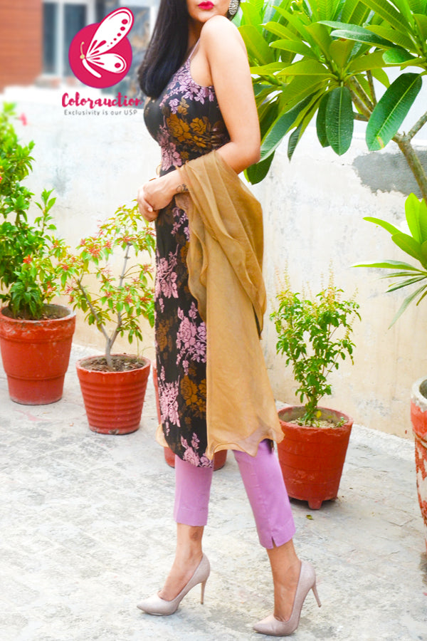 Mauve &amp; Golden Brocade Silk Padded Strappy Kurti with Mauve Cotton Silk Pants and Golden Triple Layer Ruffle Stole