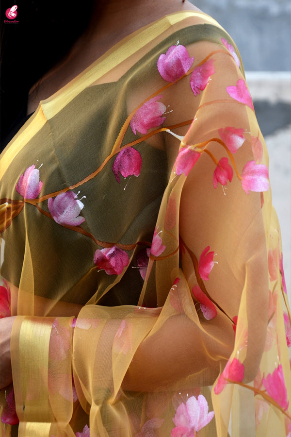 Golden Organza Handpainted Floral Stole
