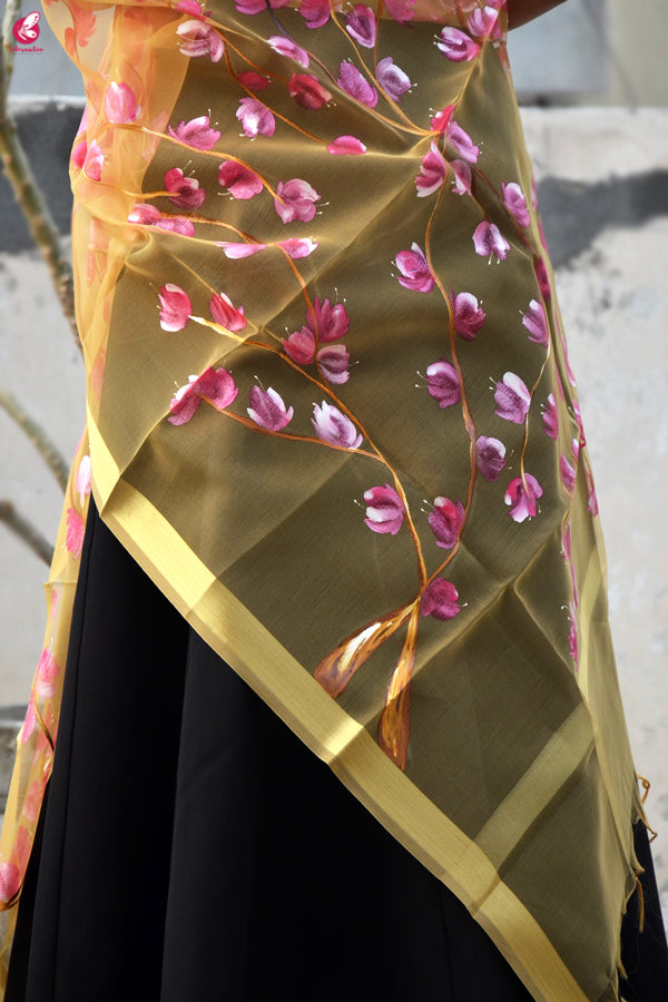 Golden Organza Handpainted Floral Stole