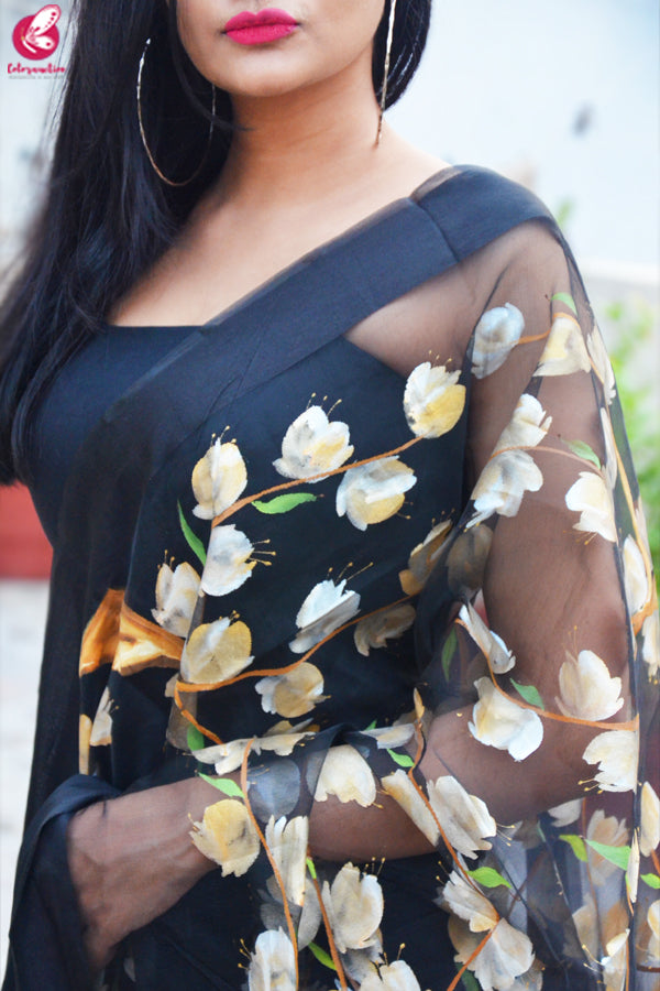 Black Organza Handpainted Floral Stole