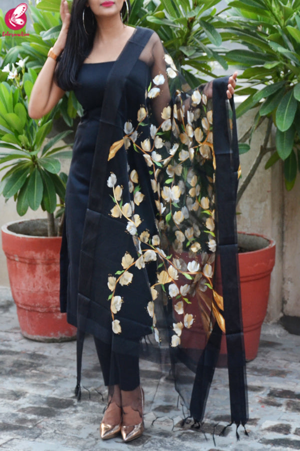 Black Organza Handpainted Floral Stole