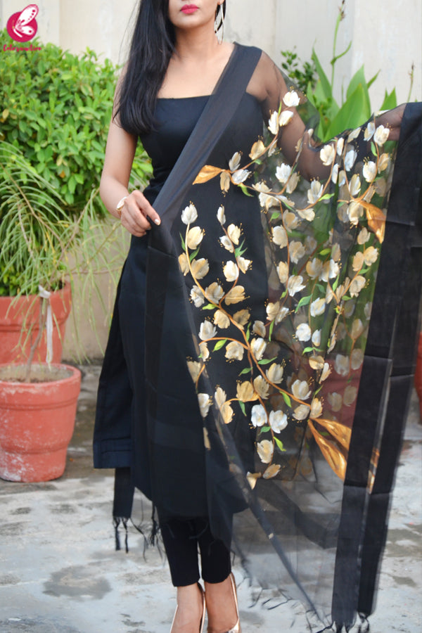 Black Organza Handpainted Floral Stole