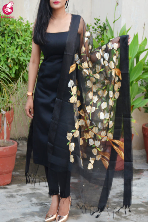 Black Organza Handpainted Floral Stole