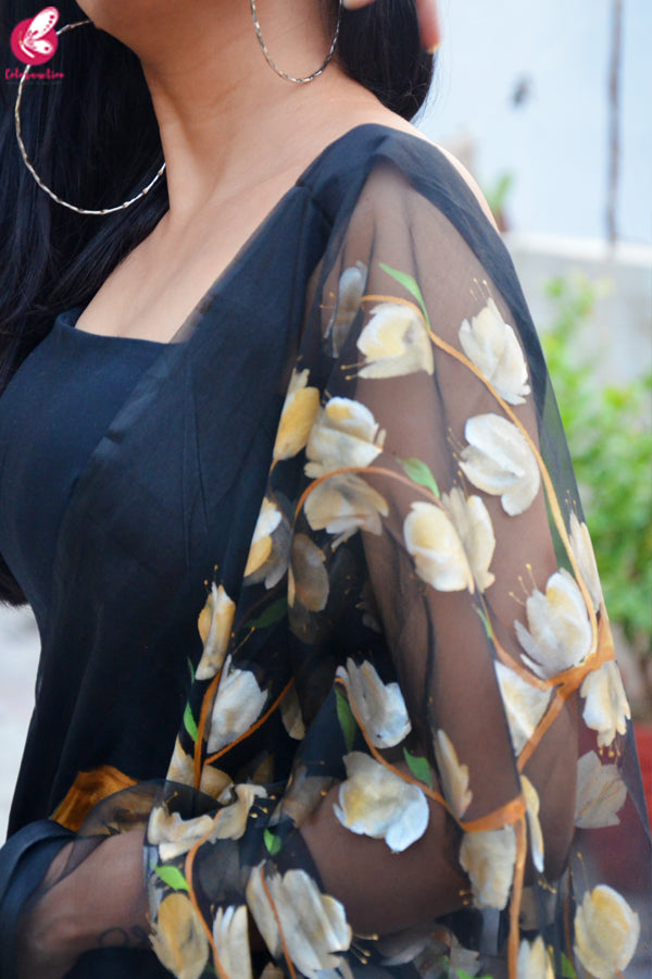 Black Organza Handpainted Floral Stole