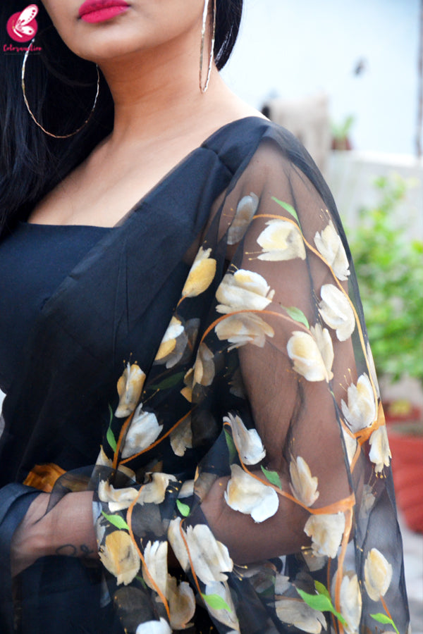 Black Organza Handpainted Floral Stole