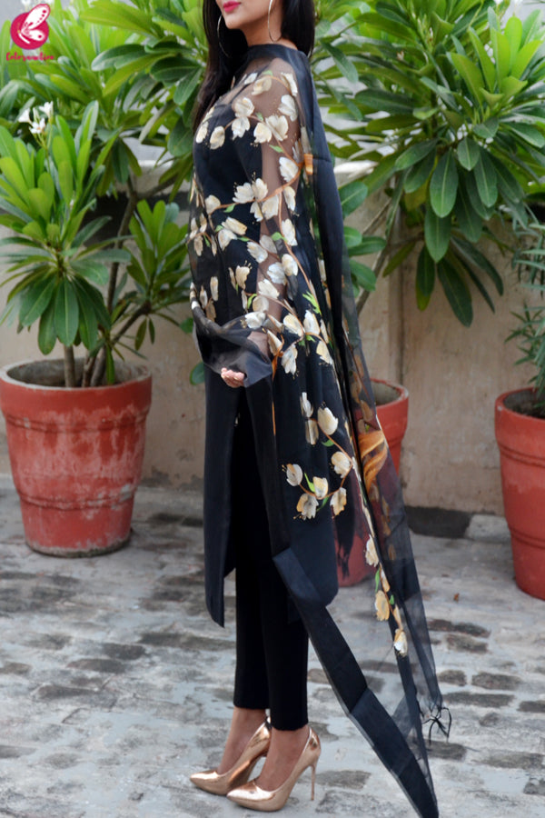 Black Organza Handpainted Floral Stole
