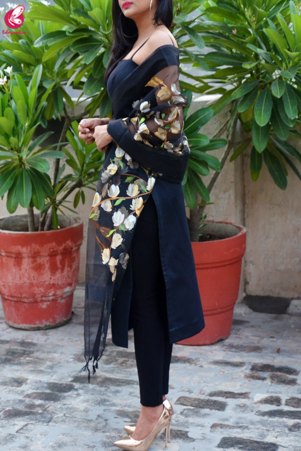 Black Organza Handpainted Floral Stole