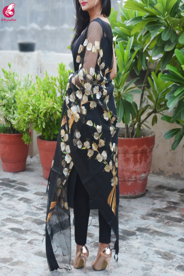 Black Organza Handpainted Floral Stole