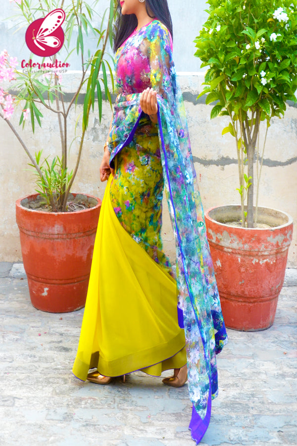 Yellow &amp; Purple Pure Georgette Net Thread Work Half and Half Saree